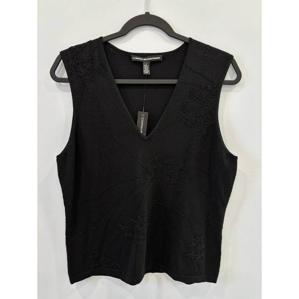 Ellen Tracy Company Black Beaded Silk Cashmere Blend Sleeveless V Neck Top NWT - Picture 4 of 10